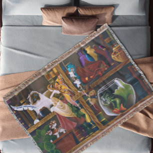 Whimsical Cosy Fantasy Wizard Library Shelves Throw Blanket