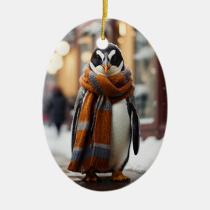 Whimsical Cosy Penguin Snowy Winter Ceramic Ornament