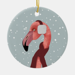 Whimsical Cosy Winter Flamingo With Scarf Ceramic Ornament