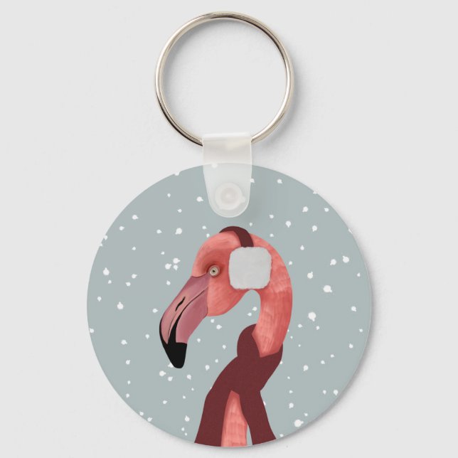Whimsical Cosy Winter Flamingo With Scarf  Key Ring (Front)