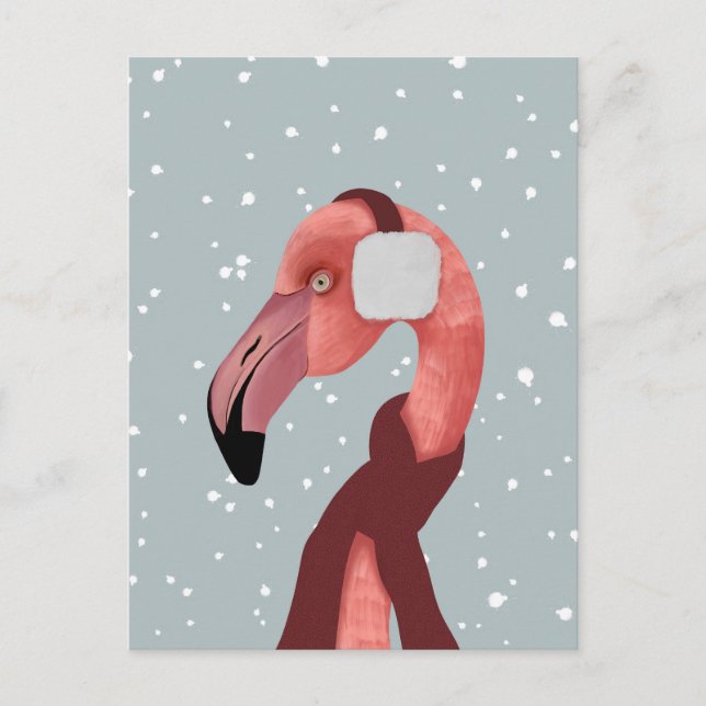 Whimsical Cosy Winter Flamingo With Scarf  Postcard (Front)