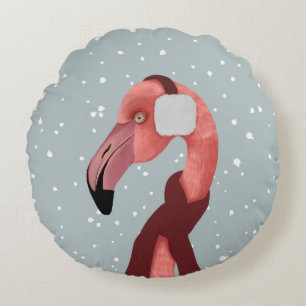 Whimsical Cosy Winter Flamingo With Scarf  Round Cushion
