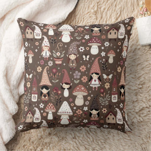 Whimsical Cottage Core Gnomes and Mushrooms Cushion