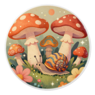 Whimsical Cottage Core Mushrooms and Snail Ceramic Knob