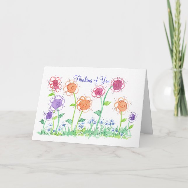 Whimsical Cottage Flowers Thinking of You Card (Front)