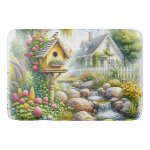 Whimsical Cottage Garden Birdhouse Stream Bath Mat