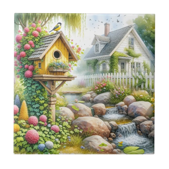 Whimsical Cottage Garden Birdhouse Stream Ceramic Tile (Front)