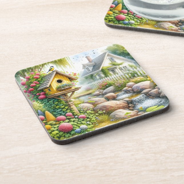 Whimsical Cottage Garden Birdhouse Stream Coaster (Left Side)