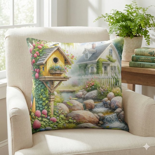 Whimsical Cottage Garden Birdhouse Stream Cushion (Whimsical Cottage Garden Birdhouse Stream Throw Pillow Mockup A)
