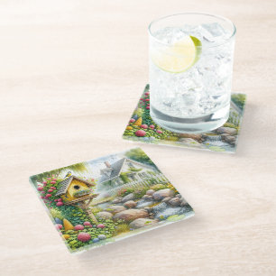 Whimsical Cottage Garden Birdhouse Stream Glass Coaster