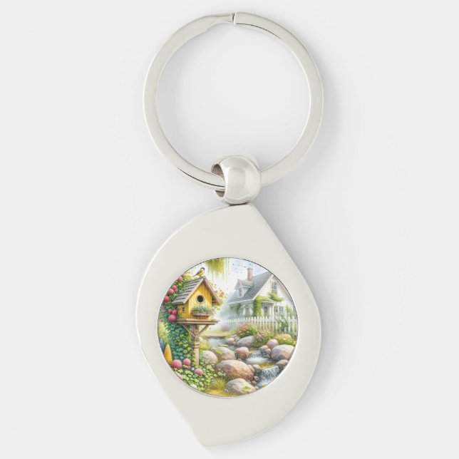 Whimsical Cottage Garden Birdhouse Stream Key Ring (Front)