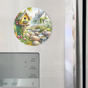 Whimsical Cottage Garden Birdhouse Stream Magnet