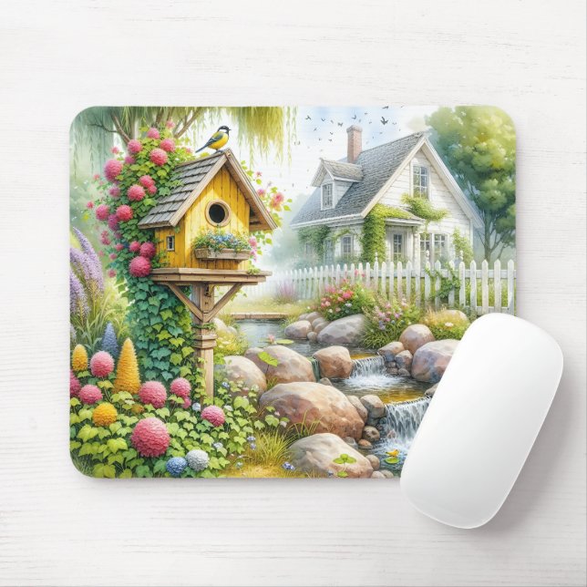 Whimsical Cottage Garden Birdhouse Stream Mouse Pad (With Mouse)