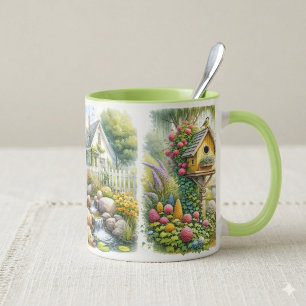 Whimsical Cottage Garden Birdhouse Stream Mug