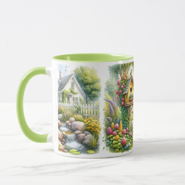 Whimsical Cottage Garden Birdhouse Stream Mug (Left)