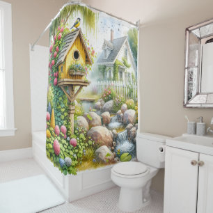 Whimsical Cottage Garden Birdhouse Stream Shower Curtain