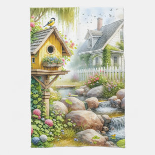 Whimsical Cottage Garden Birdhouse Stream Tea Towel