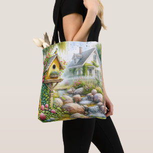 Whimsical Cottage Garden Birdhouse Stream Tote Bag