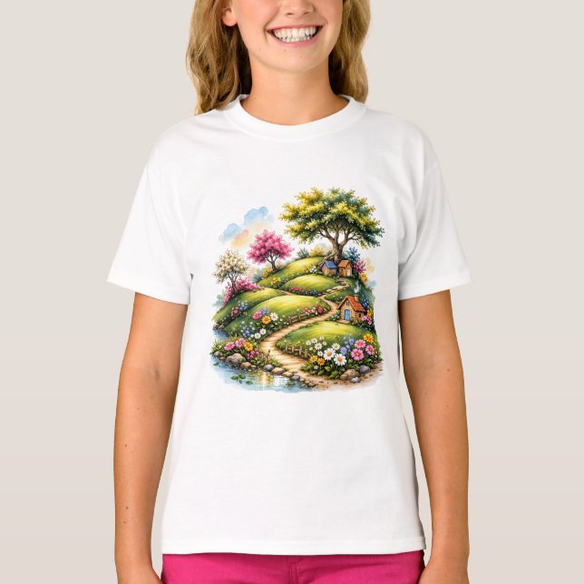 Whimsical Cottage Garden Landscape Art T-Shirt (Front)