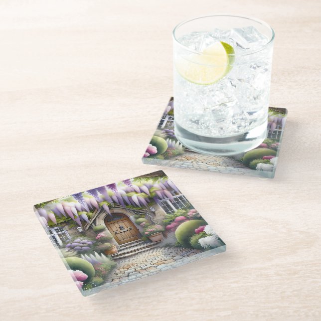 Whimsical Cottage Garden Pathway Glass Coaster (Angled)