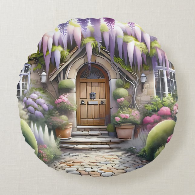 Whimsical Cottage Garden Pathway Round Cushion (Front)