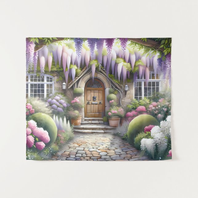Whimsical Cottage Garden Pathway Tapestry (Front (Horizontal))