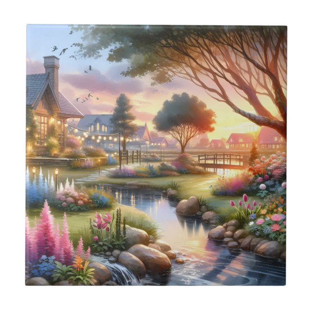 Whimsical Cottage Garden Sunset Ceramic Tile (Front)