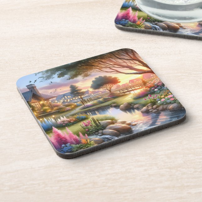 Whimsical Cottage Garden Sunset Coaster (Left Side)
