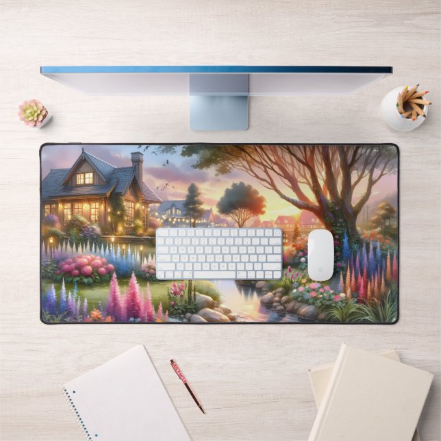 Whimsical Cottage Garden Sunset Desk Mat (Office 1)