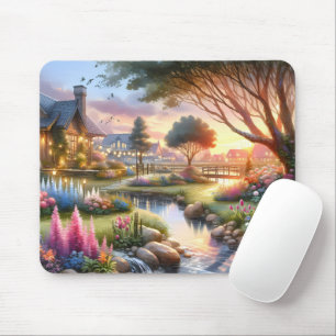 Whimsical Cottage Garden Sunset Mouse Pad