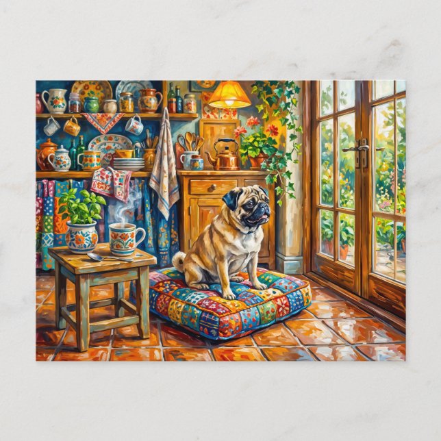 Whimsical Cottage Kitchen Window Mops Illustration Postcard (Front)