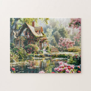 Whimsical Cottage with Rhododendrons and Pond Jigsaw Puzzle