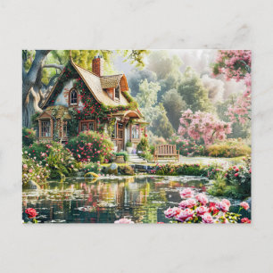Whimsical Cottage with Rhododendrons and Pond Postcard