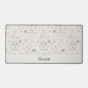Whimsical Cottagecore Beige Monogram Name Floral Desk Mat