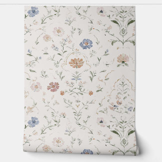 Whimsical Cottagecore Beige Watercolor Wildflower Wallpaper