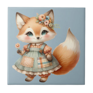 Whimsical Cottagecore Floral Pastel Fox Ceramic Tile