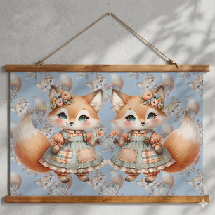 Whimsical Cottagecore Floral Pastel Fox Hanging Tapestry