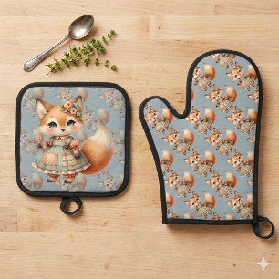 Whimsical Cottagecore Floral Pastel Fox Oven Mitt & Pot Holder Set
