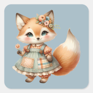 Whimsical Cottagecore Floral Pastel Fox Square Sticker