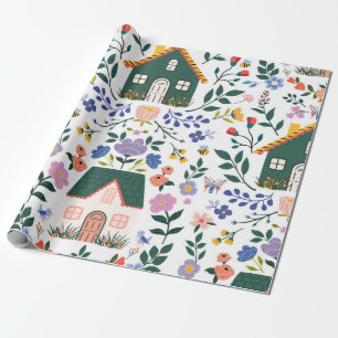 Whimsical Cottagecore Folk Art Garden & House Wrapping Paper