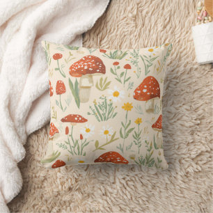 Whimsical Cottagecore Red Mushroom & Botanical  Cushion