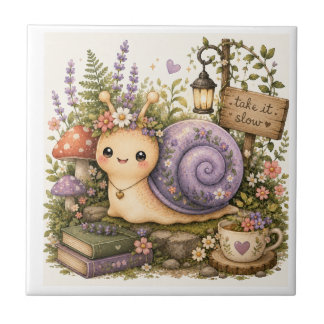 Whimsical Cottagecore Snail Watercolor Art Ceramic Tile