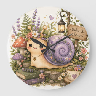 Whimsical Cottagecore Snail Watercolor Art Large Clock