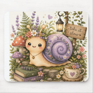 Whimsical Cottagecore Snail Watercolor Art Mouse Pad