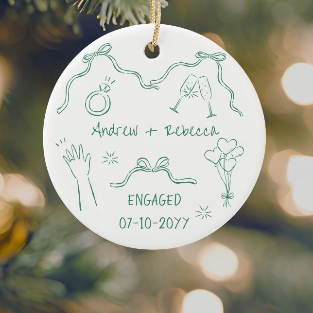 Whimsical couple engaged handdrawn doodle keepsake ceramic ornament (Creator Uploaded)