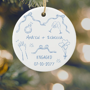 Whimsical couple engaged handdrawn doodle keepsake ceramic ornament
