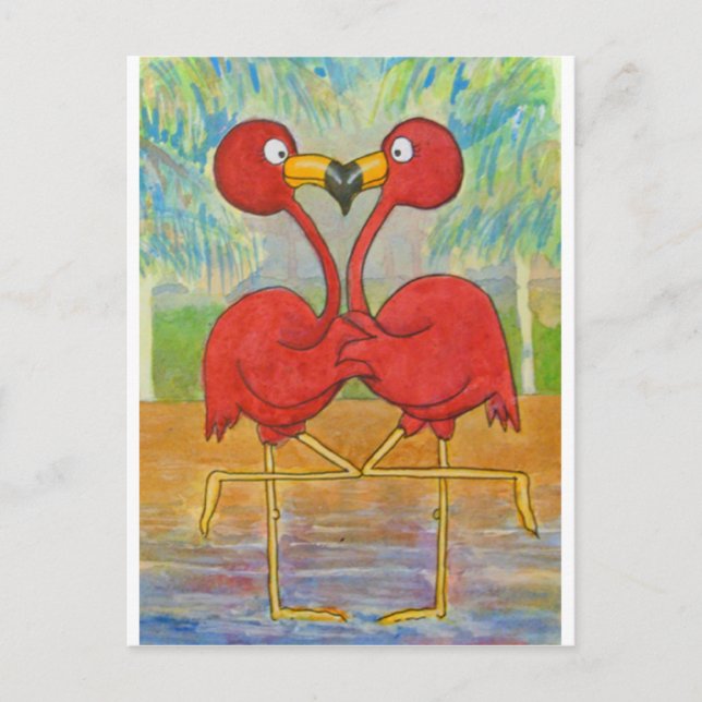 Whimsical Couple Pink Flamingo Tropical Beach Bird Postcard (Front)