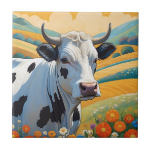 Whimsical Cow Colourful Vibrant Hills Ceramic Tile