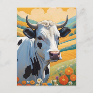 Whimsical Cow Colourful Vibrant Hills Postcard