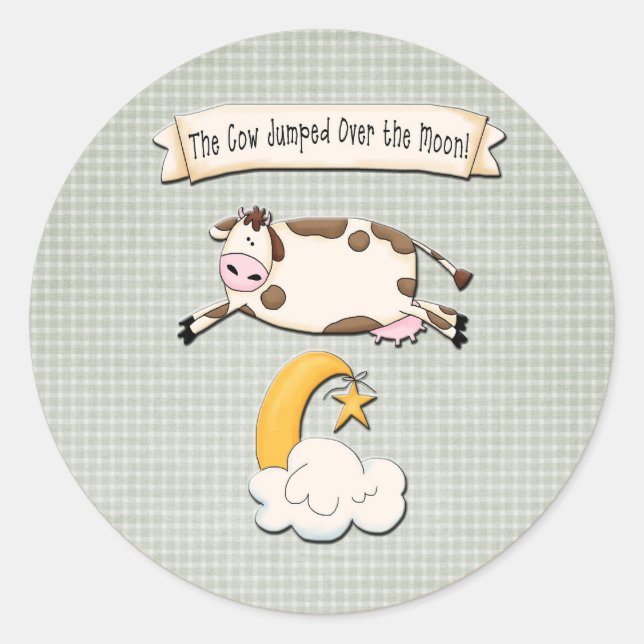 Whimsical Cow Jumped Over the Moon Classic Round Sticker (Front)